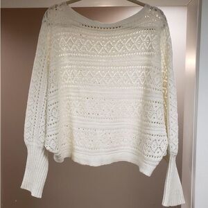 Women's Boat Neck Crochet Open-Knit Pullover Sweater